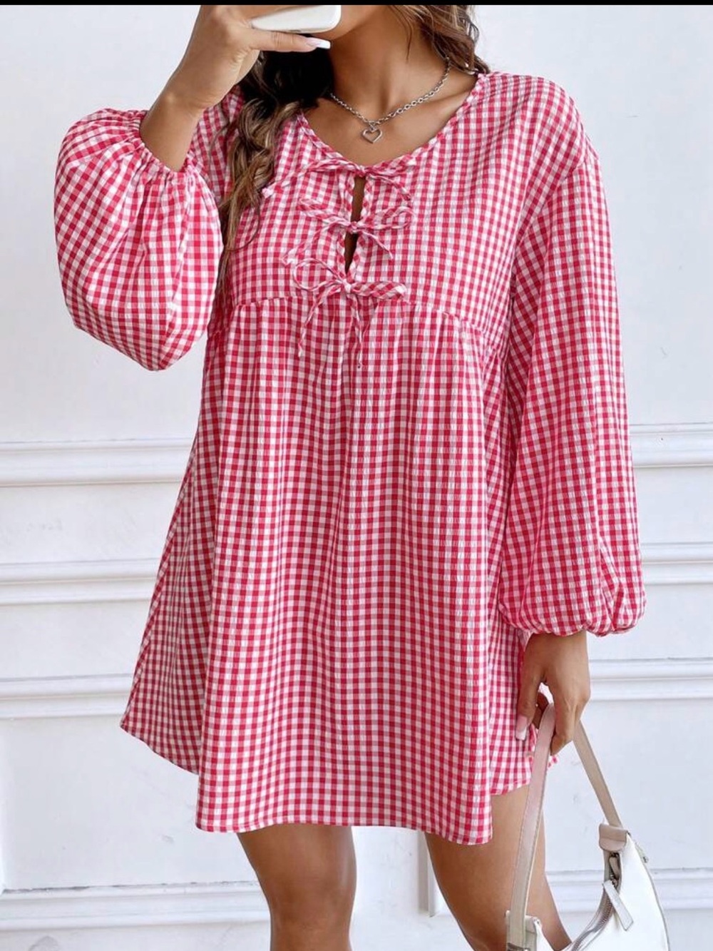 Red Gingham Tie-Front Babydoll Dress - Picture 1 of 2
